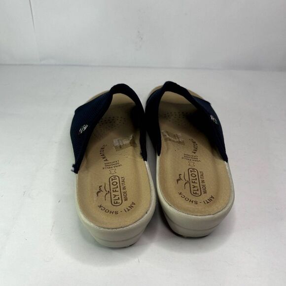 Fly Flot Italian Navy Blue Comfy Tan Wedge Slide Sandals Slip Ons Mesh Womens - Picture 5 of 8